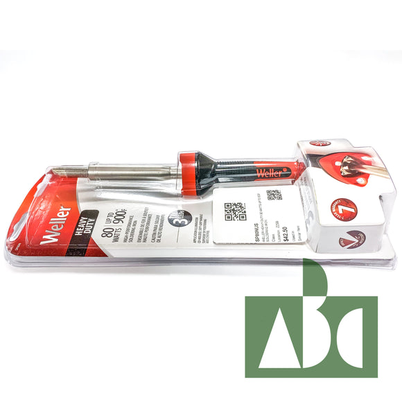A product photo of the Weller heavy duty soldering iron in its original packaging. The product lays on its side. The soldering iron handle and packaging have red accents.